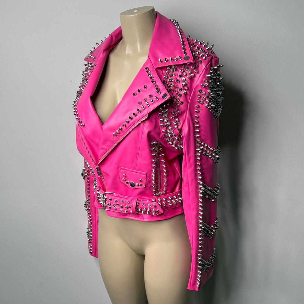 Studded Hot Pink Leather Biker Jacket - Picture 2 of 6